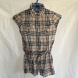 BURBERRY Girls Sz 10 Brown Signature Plaid Linen Belted Tunic Shirt Dress